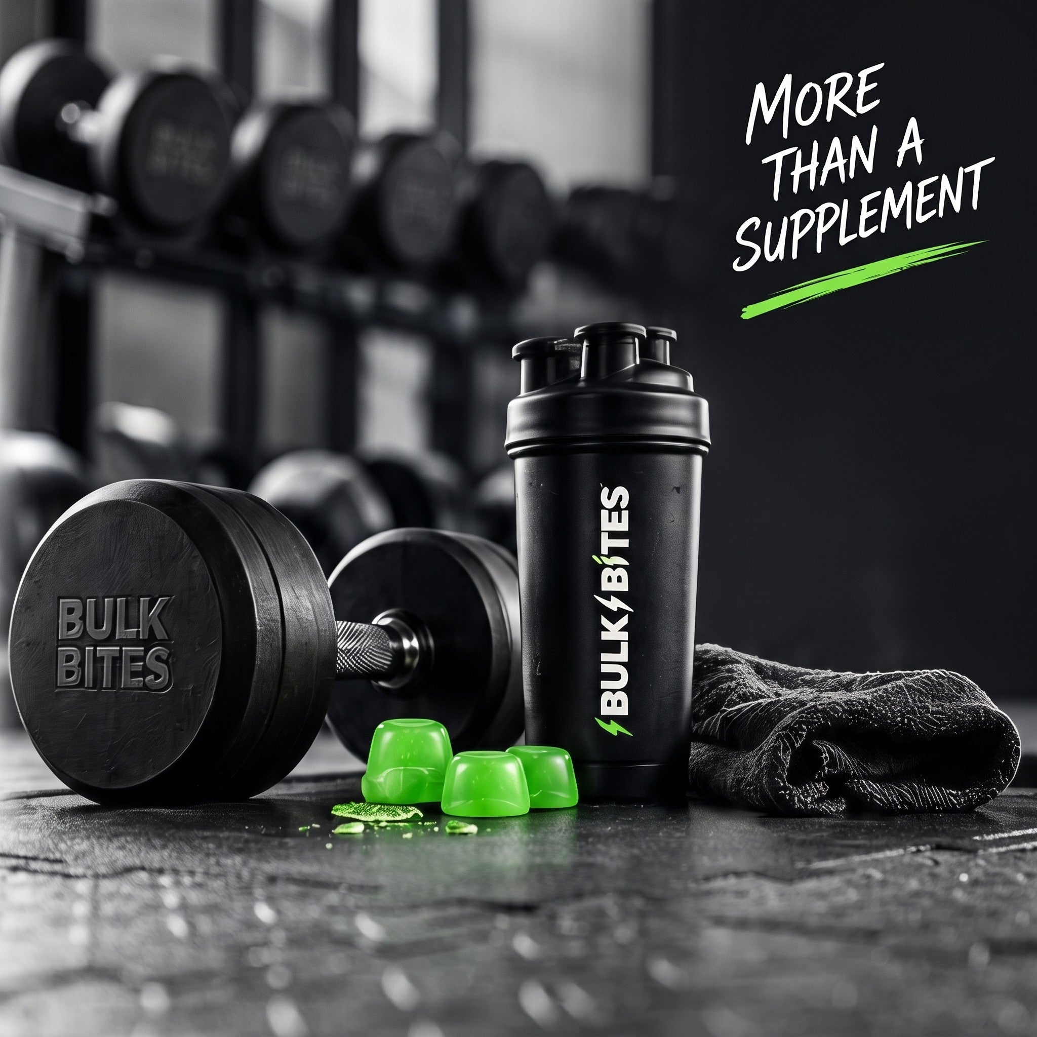 Bulk Bites shaker and gummies beside gym weights
